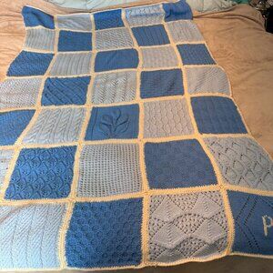 Hand Crochet Blanket sample pattern squares shades of Blue and cream 48”x67” thr